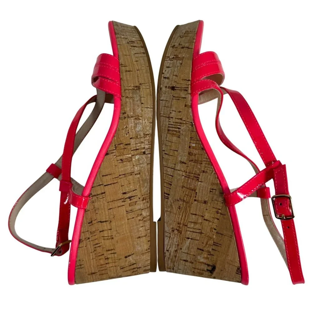 KATE SPADE Hot Pink Patent Cork Wedge Platform Sandal Strappy Heels Size 8